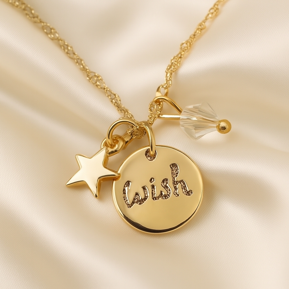 Gold Charm Necklace with Star, Crystal Bead & ‘Wish’ Disc – Twisted Chain ✨🌟